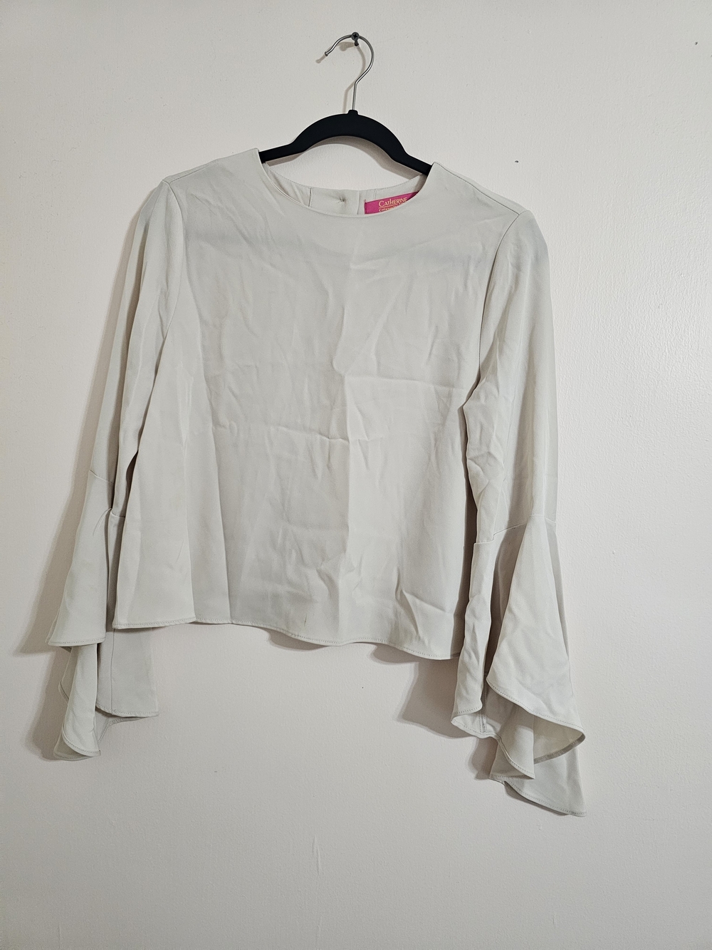Catherine Malandrino Sz 4 Taupe Long-Sleeve Blouse with Layered Flounce Sleeves